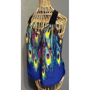 Trina Turk Silk Halter Top Blue Peacock Print V-Neck Women S Whimsigoth